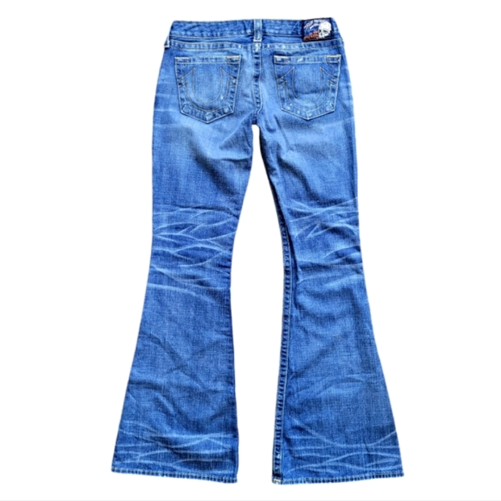 True Religion Skull Billy Bell Bottom Distressed Jeans Blue Women's 30 Boho